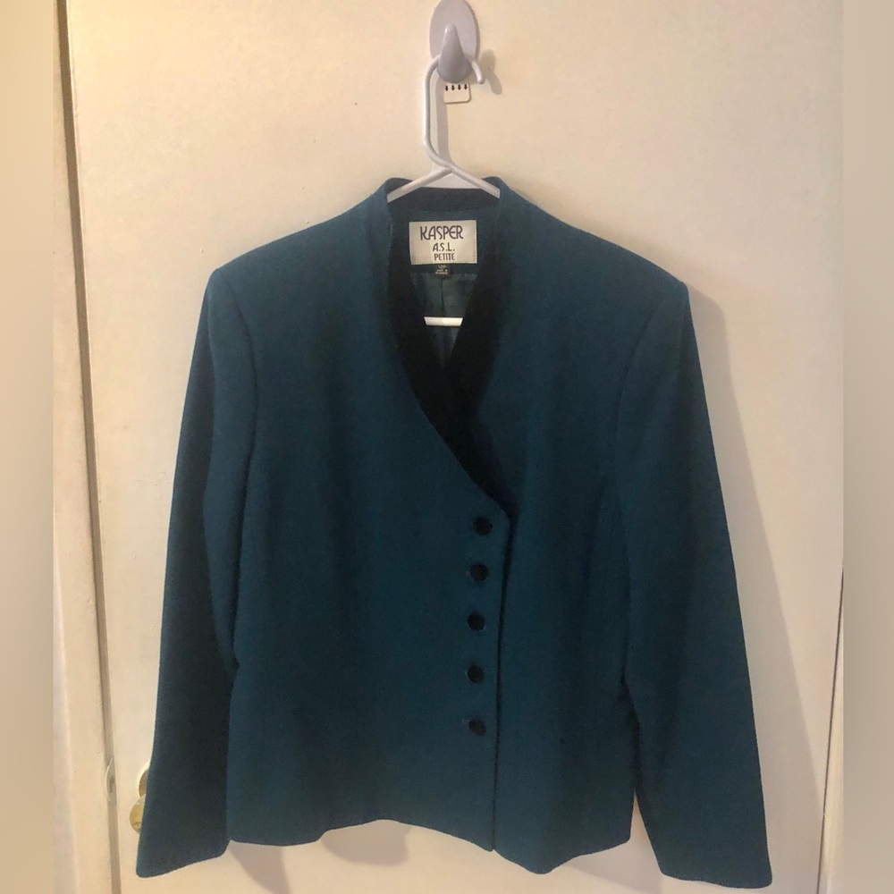 Kasper ASL Petite Vintage 90s Dark Green Blazer Black Velvet lapels Jacket 12P - Picture 2 of 11